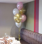 Gold Confetti with pearl pink adn white latex balloons arrangement Perth